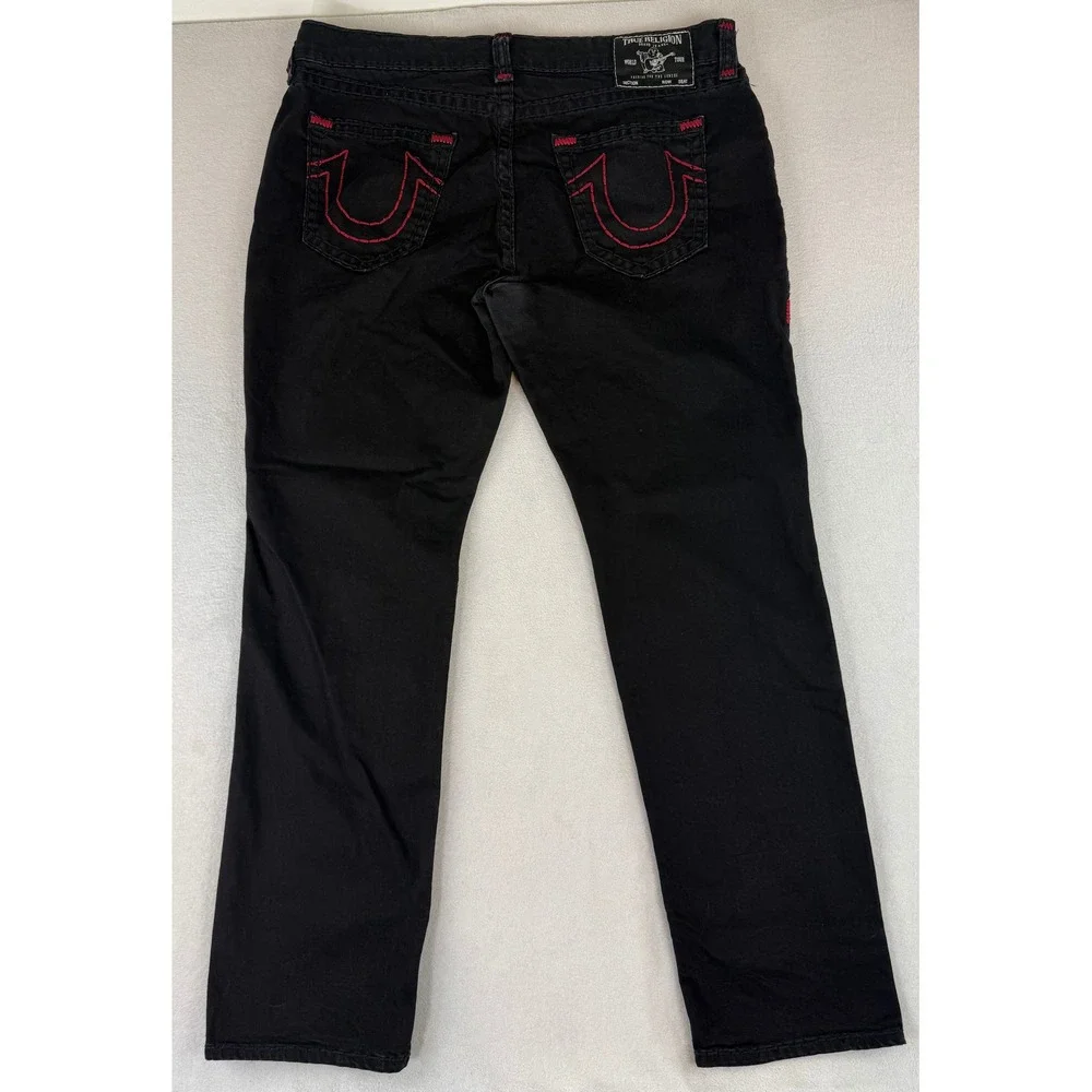 True Religion Ricky Relaxed Straight Jeans Mens 38 Black Red Contrast Stitching
